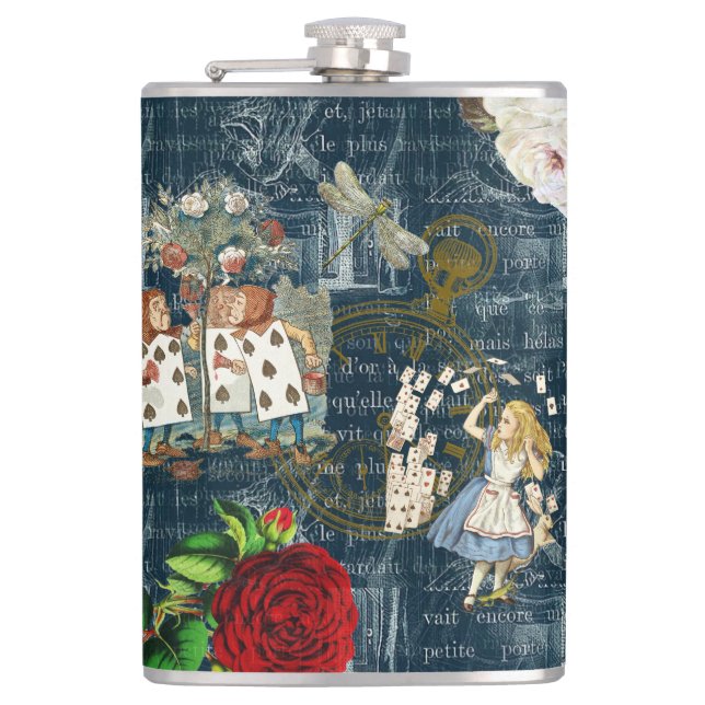 Alice Wonderland Roses Cards Literary Blue Flask (Front)