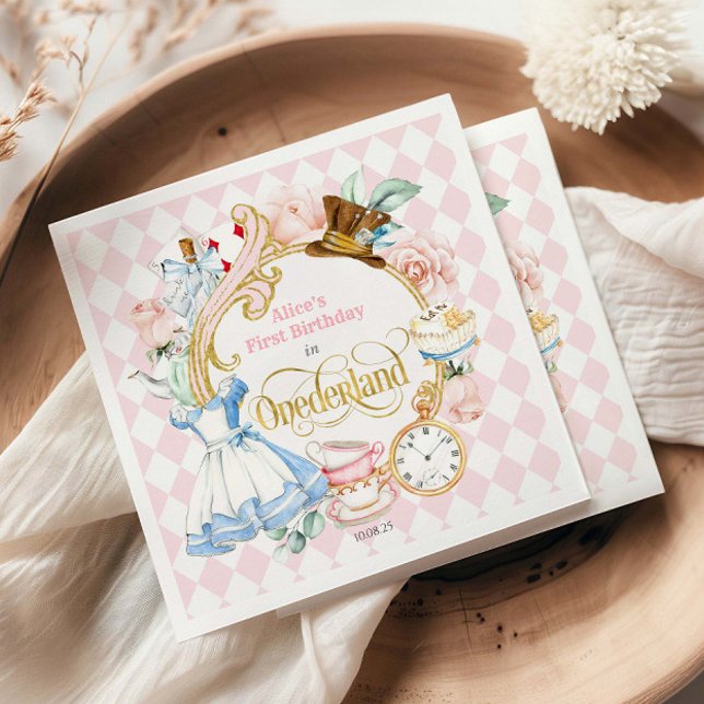 Alice Wonderland Tea Party, Girl 1st birthday  Napkins (Pink Alice's First Birthday in ONEderland, Girl's 1st Birthday Party Napkins.)