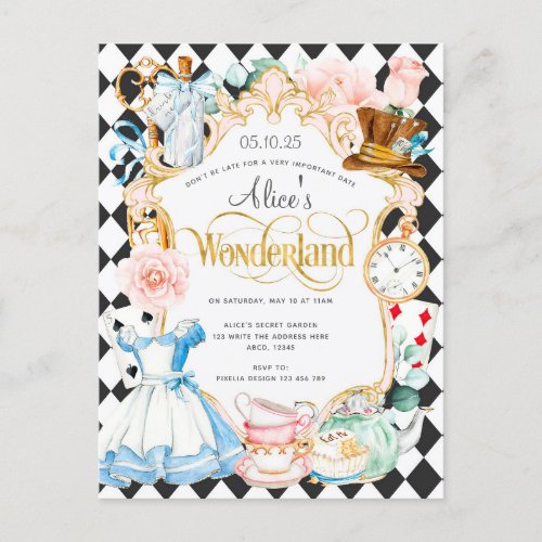 Alice wonderland tea party girl birthday invite