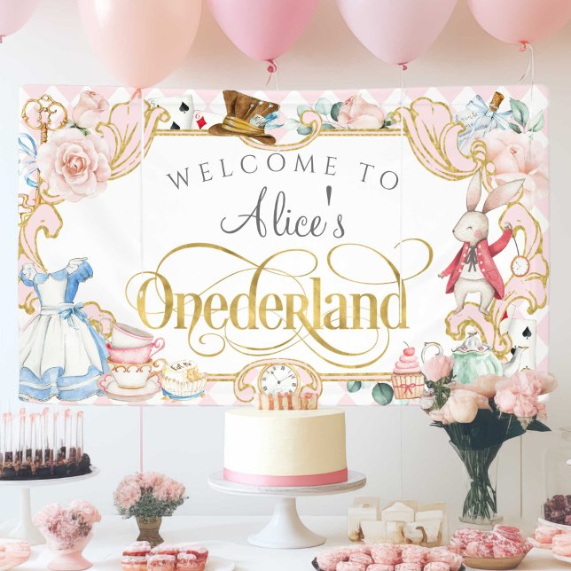 Alice's Onederland girl 1st birthday pink backdrop Banner (Pink, Alice onederland, Girl 1st birthday party, birthday banner decoration.)