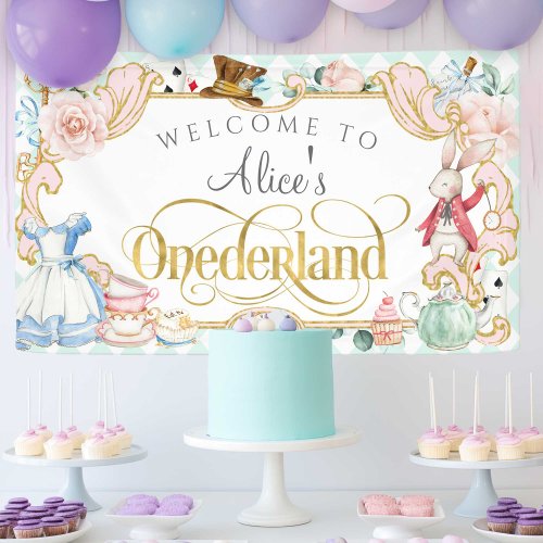 Alices Onederland girl first birthday backdrop Banner
