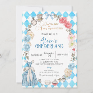 Alice's Onederland, Girl's First Birthday Party Invitation