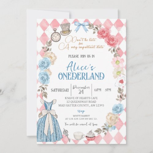 Alices Onederland Girls First Birthday Party Invitation