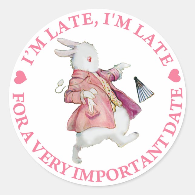 ALICE'S RABBIT RUSHES BY, "I'M LATE, I'M LATE" CLASSIC ROUND STICKER (Front)