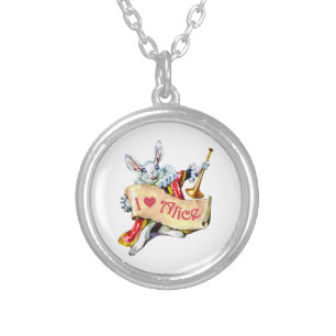 Alice's White Rabbit says, "I love Alice" Silver Plated Necklace