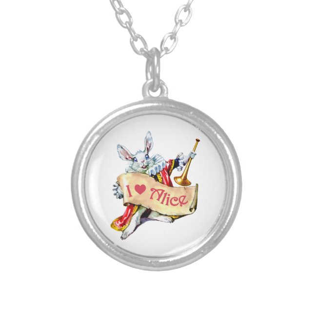 Alice's White Rabbit says, "I love Alice" Silver Plated Necklace (Front)