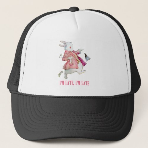 ALICES WHITE RABBIT SAYS IM LATE IM LATE TRUCKER HAT