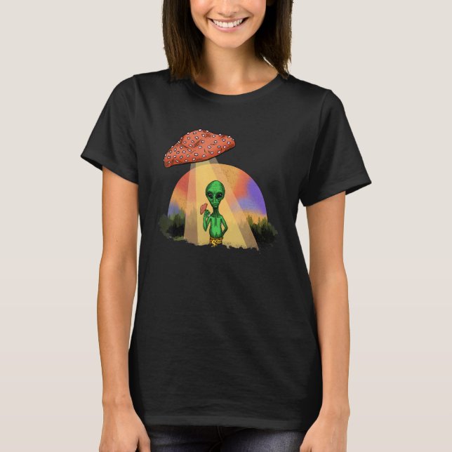 Alien Abducted UFO Mushroom Psychedelic Trippy Out T-Shirt (Front)