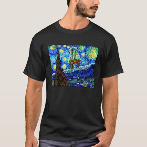 Alien Abduction Bigfoot UFO Starry Night Van Gogh  T_Shirt