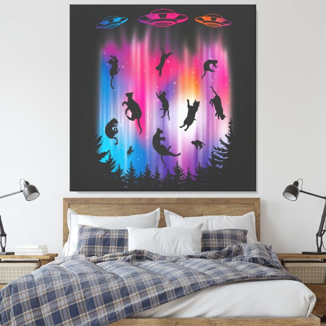 Alien Abduction Cat Flying Saucer Funny UFO Canvas Print (Insitu(Bedroom))