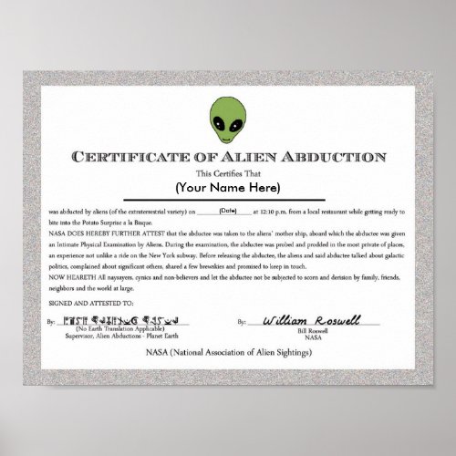 Alien Abduction Certificate Poster