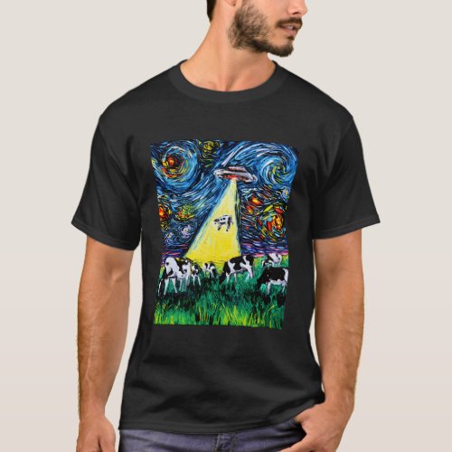 Alien Abduction Cows Ufo Starry Night By Aja T_Shirt