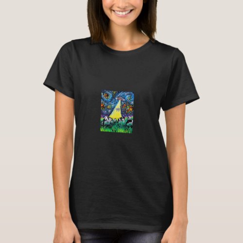 alien abduction cows ufo starry night funny art by T_Shirt