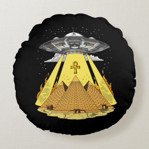 Alien Abduction Egyptian Pyramids Ancient UFO Round Pillow