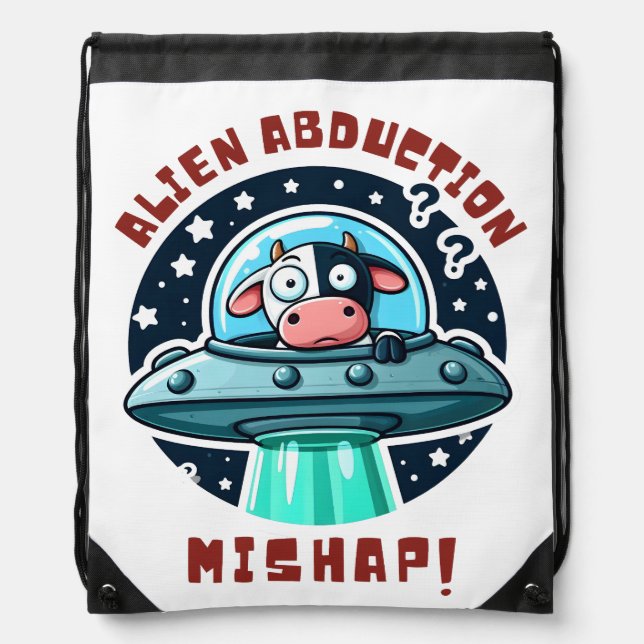 Alien Abduction Mishap Cartoon Funny Cow Drawstring Bag (Front)