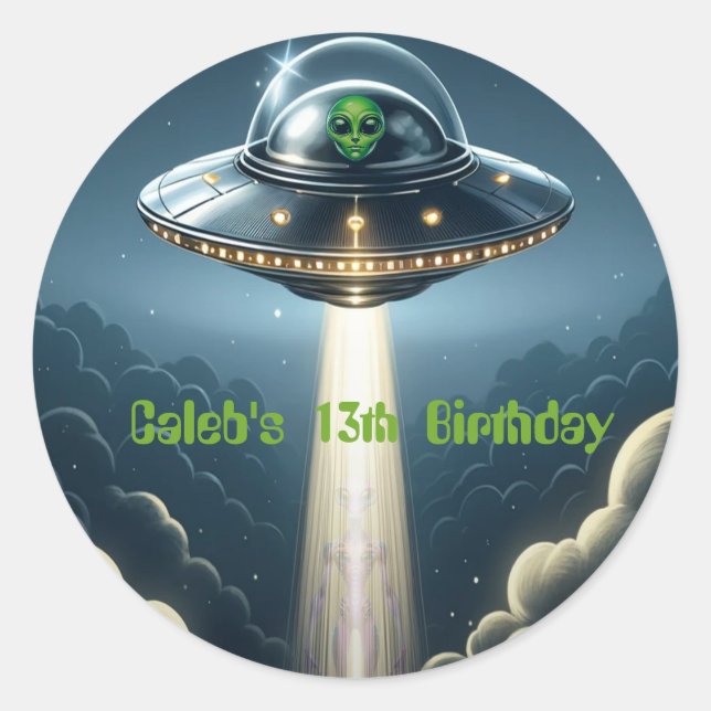 Alien Abduction UFO Blue Clouds Birthday Party Classic Round Sticker (Front)
