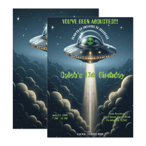 Alien Abduction UFO Blue Clouds Birthday Party Invitation