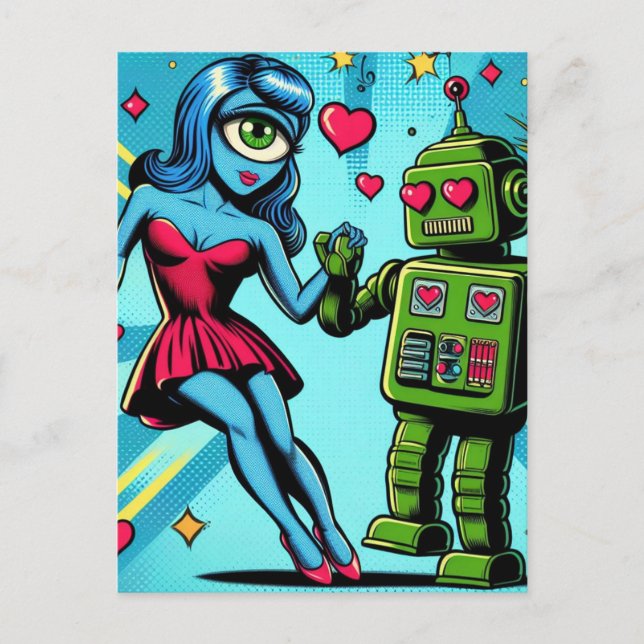 Alien and a Robot in Love Postcard (Front)