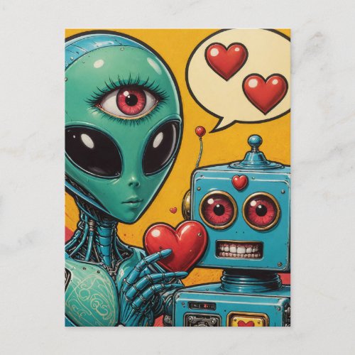 Alien and a Robot in Love Postcard