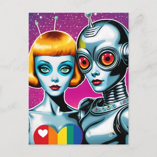 Alien and a Robot in Love Pride Postcard