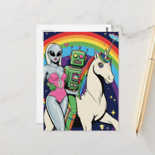 Alien and a Robot in Love With Thier Unicorn Postcard