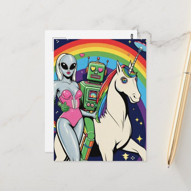 Alien and a Robot in Love With Thier Unicorn Postcard (Front/Back In Situ)