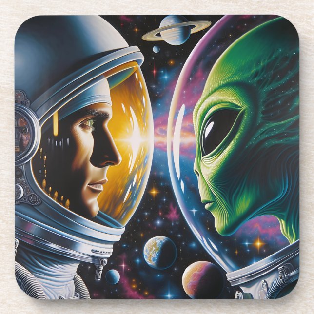 Alien and Astronaut in Space  Beverage Coaster (Front)