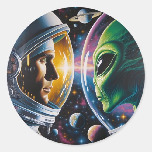Alien and Astronaut in Space Classic Round Sticker