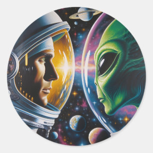 Alien and Astronaut in Space Classic Round Sticker