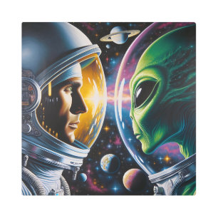 Alien and Astronaut in Space  Metal Print
