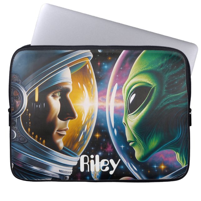 Alien and Astronaut in Space Personalized Laptop Sleeve (Front)