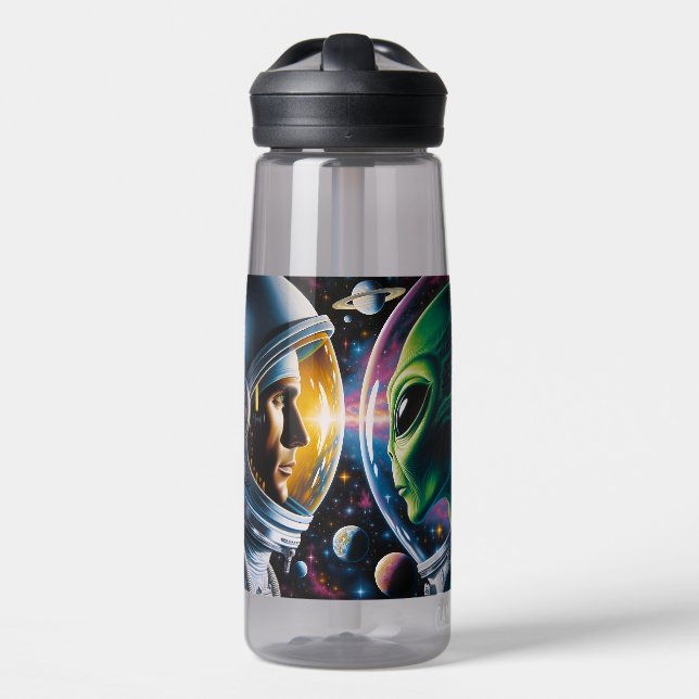 Alien and Astronaut in Space Personalized Water Bottle (Front)