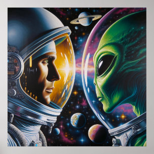 Alien and Astronaut in Space Poster