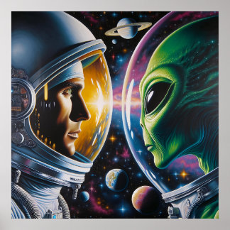 Alien and Astronaut in Space Poster