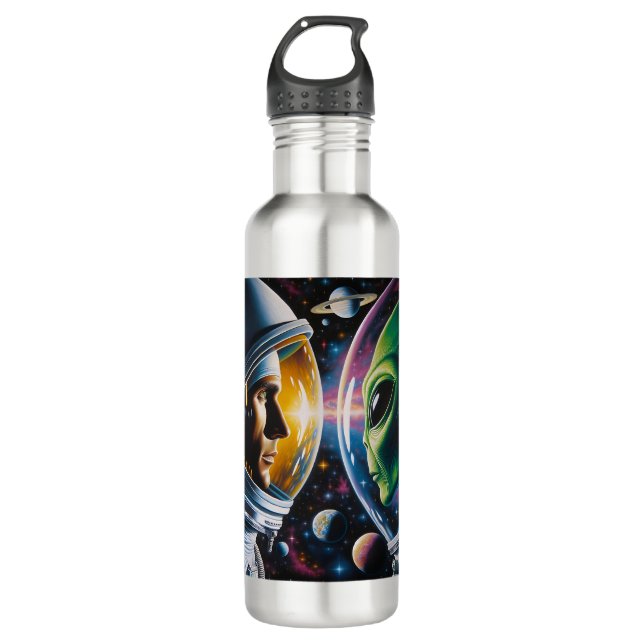 Alien and Astronaut in Space  Stainless Steel Water Bottle (Front)