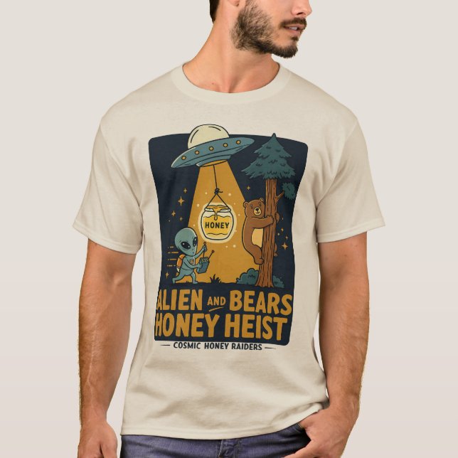 Alien and Bears Honey Heist – Funny UFO & Bear T-Shirt (Front)