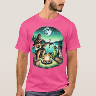 Alien And Bigfoot Loch Ness Campfire Sasquatch Gui T-Shirt