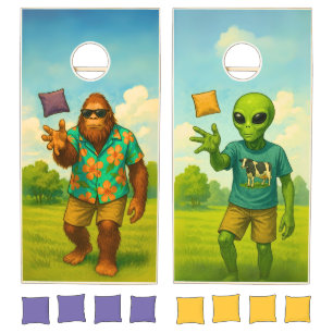 Alien and Bigfoot Playing Cornhole Set