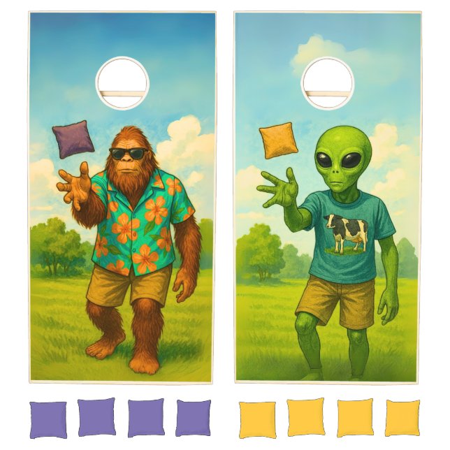 Alien and Bigfoot Playing Cornhole Set (Set)