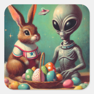 Alien and Easter Bunny Kitsch Vintage Painting Square Sticker