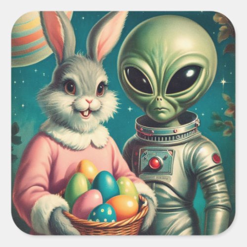 Alien and Easter Bunny Kitsch Vintage Painting Square Sticker