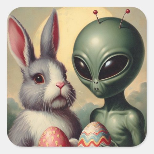 Alien and Easter Bunny Kitsch Vintage Painting Square Sticker