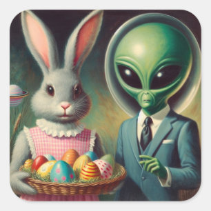 Alien and Easter Bunny Kitsch Vintage Painting Square Sticker