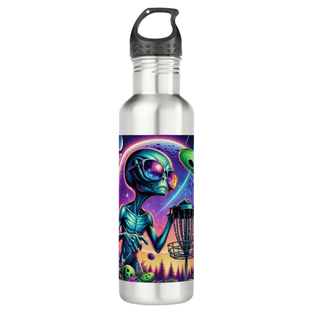 Alien and Flying Disc Golf Saucer Stainless Steel Water Bottle (Front)