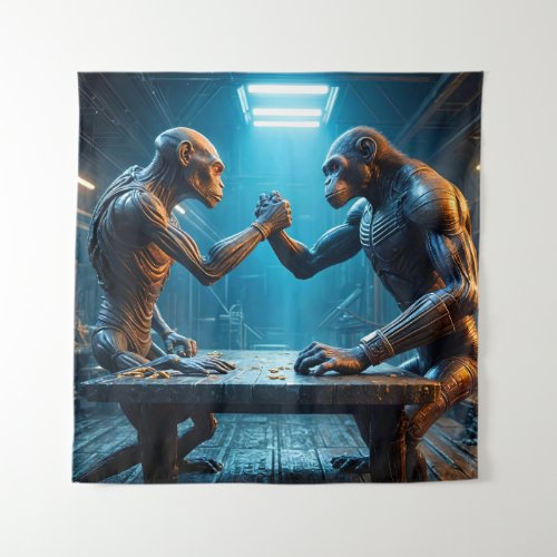 Alien and Monkey Arm Wrestling Tapestry