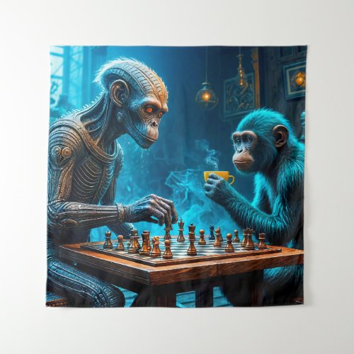 Alien and Monkey Playing Chess with Coffee Tapestry