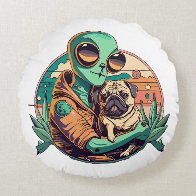 Alien and Pug Round Pillow (Front)