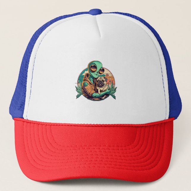 Alien and Pug Trucker Hat (Front)