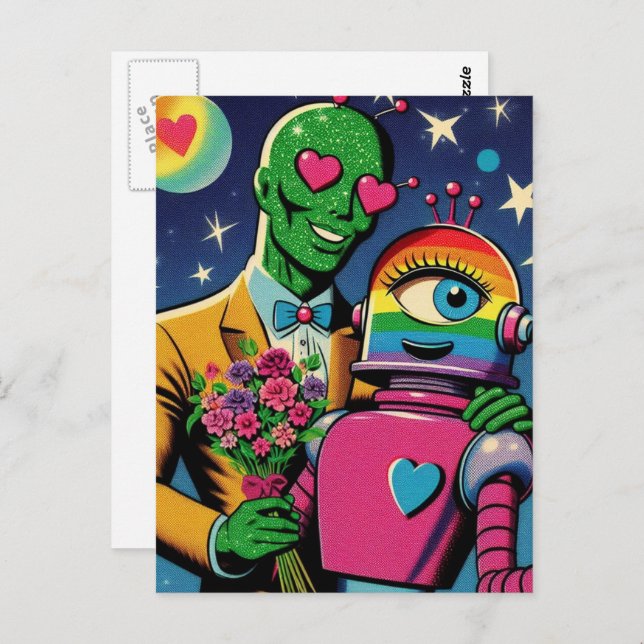 Alien and Robot in Love Retro Comic Postcard (Front/Back)