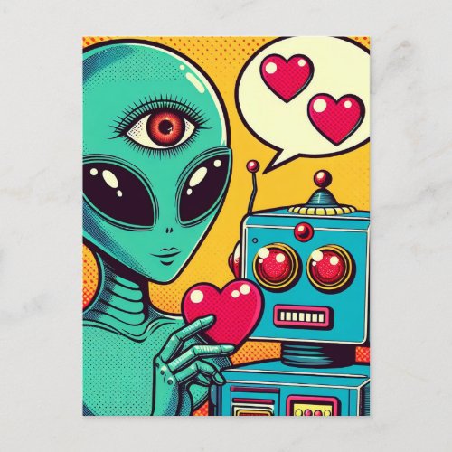 Alien and Robot in Love Retro Comic Postcard